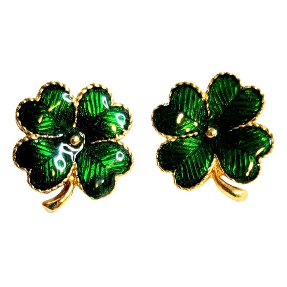 Vintage Avon 4 Leaf Clover Green Enameled Post Earrings - Picture 1 of 5